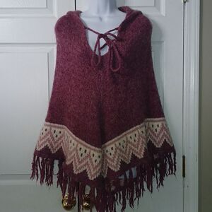 MAX STUDIO Mauve White Fringe Mohair Wool Acrylic Mix Hooded  Poncho One Size